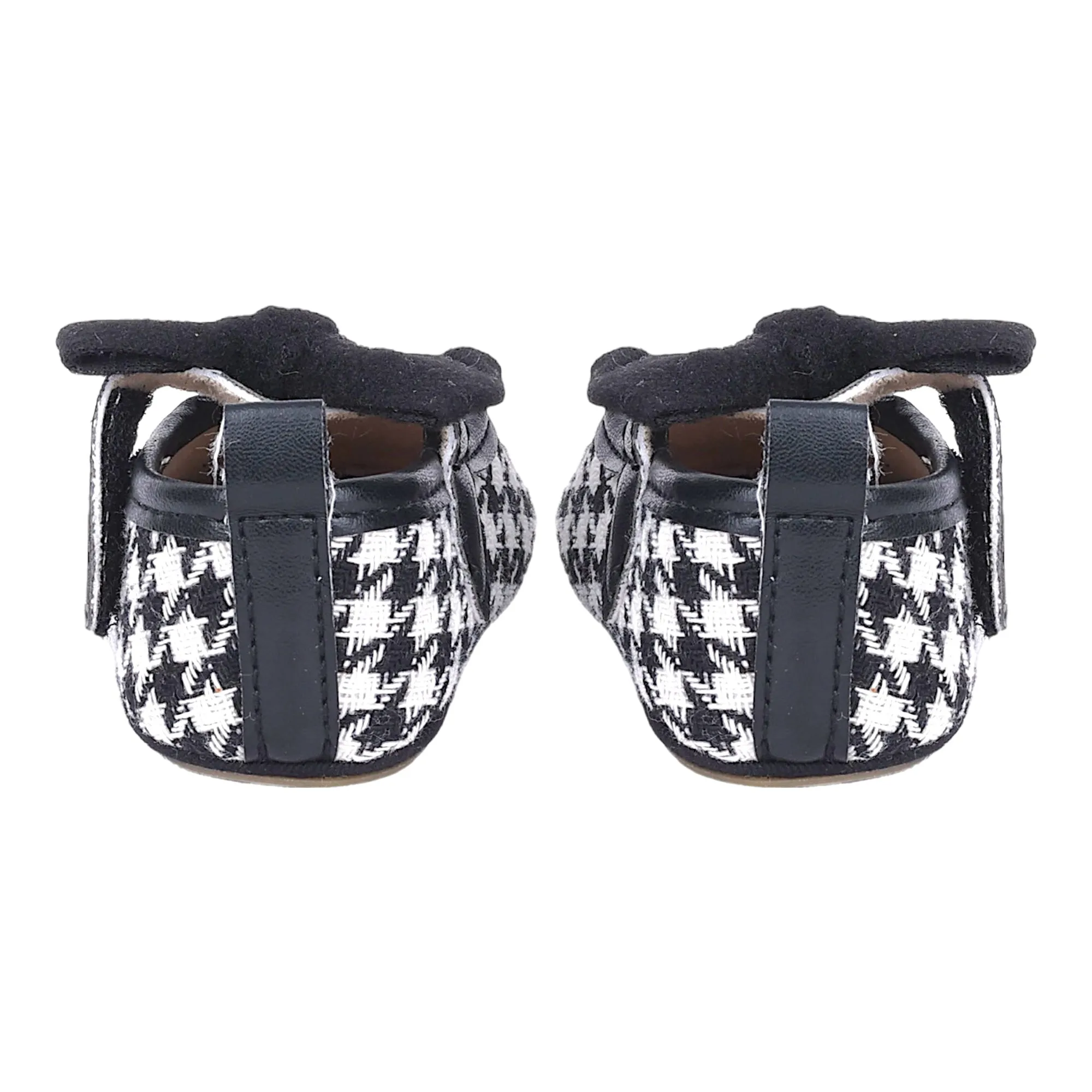Baby Moo Houndstooth Print with Bow Velcro Strap Ballerina Booties - Black