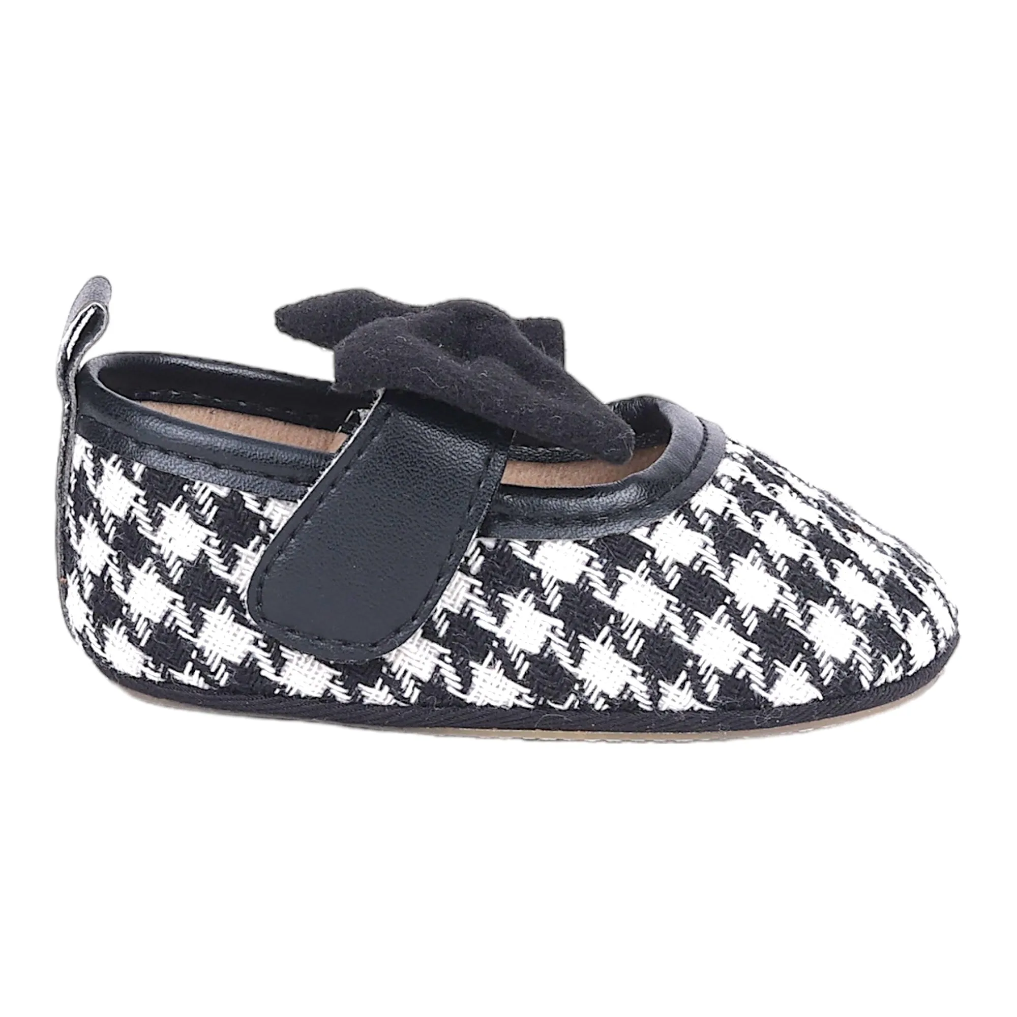 Baby Moo Houndstooth Print with Bow Velcro Strap Ballerina Booties - Black
