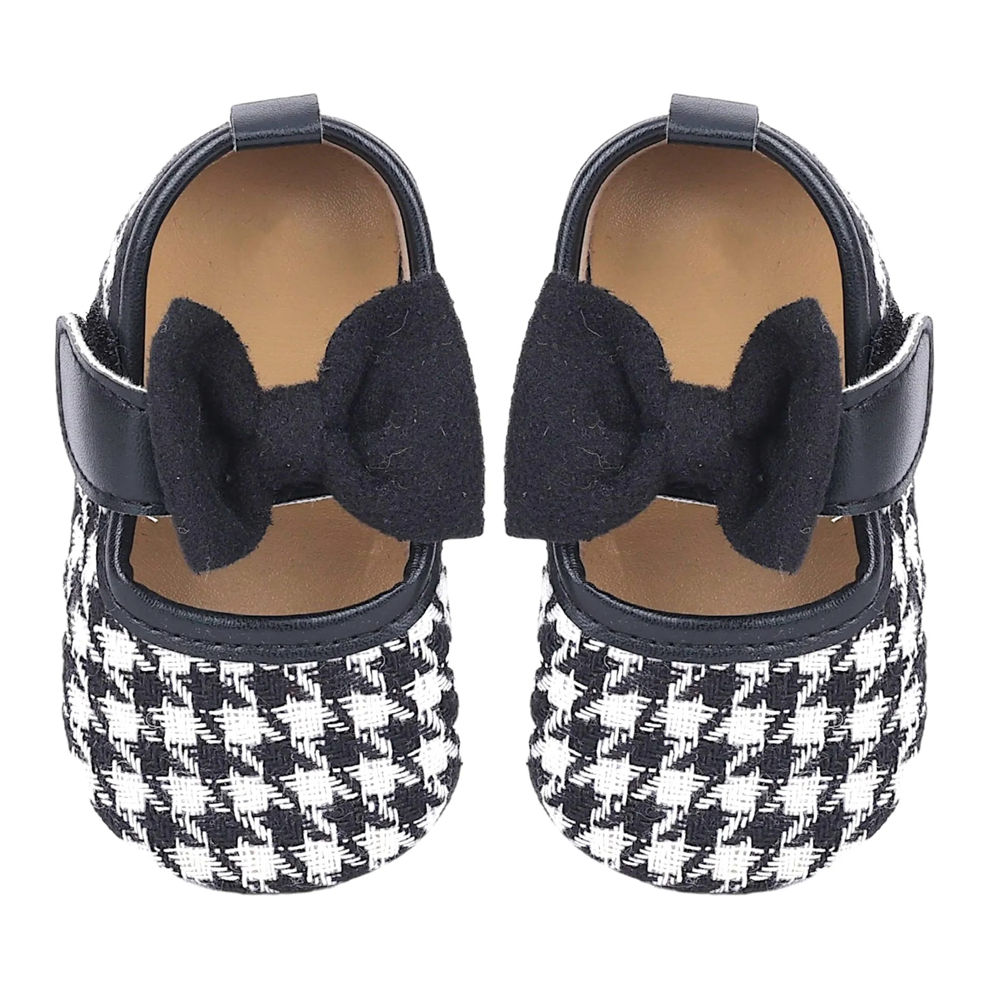 Baby Moo Houndstooth Print with Bow Velcro Strap Ballerina Booties - Black