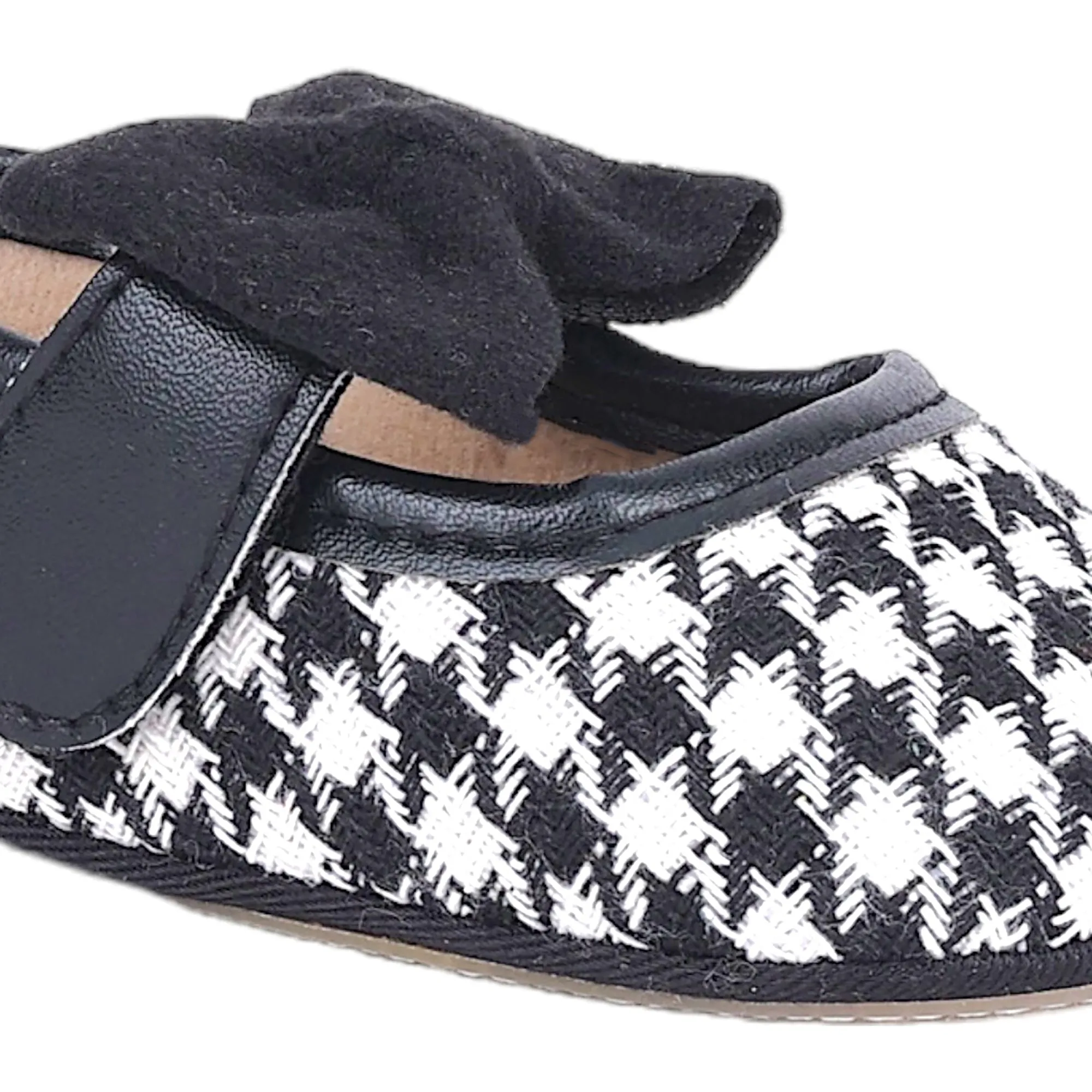 Baby Moo Houndstooth Print with Bow Velcro Strap Ballerina Booties - Black
