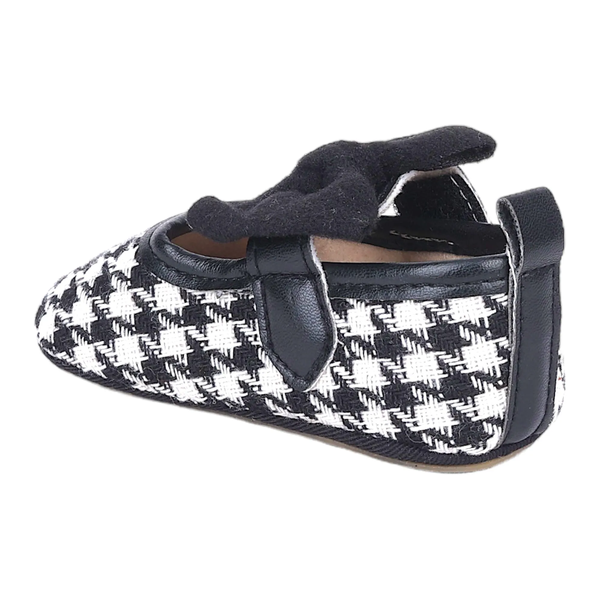 Baby Moo Houndstooth Print with Bow Velcro Strap Ballerina Booties - Black