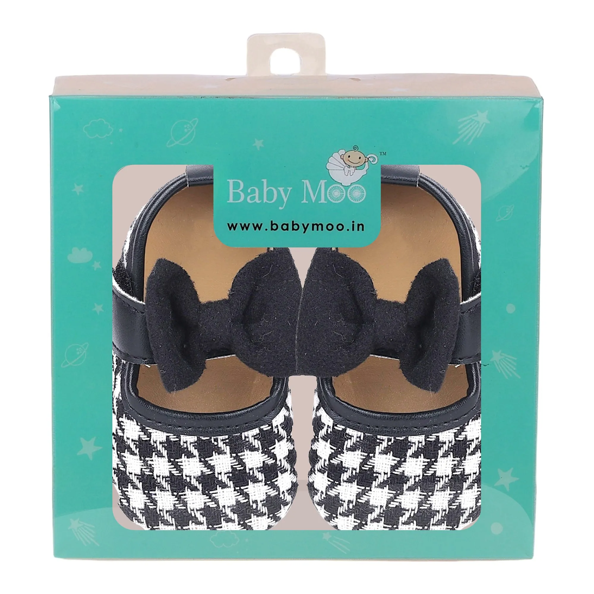 Baby Moo Houndstooth Print with Bow Velcro Strap Ballerina Booties - Black