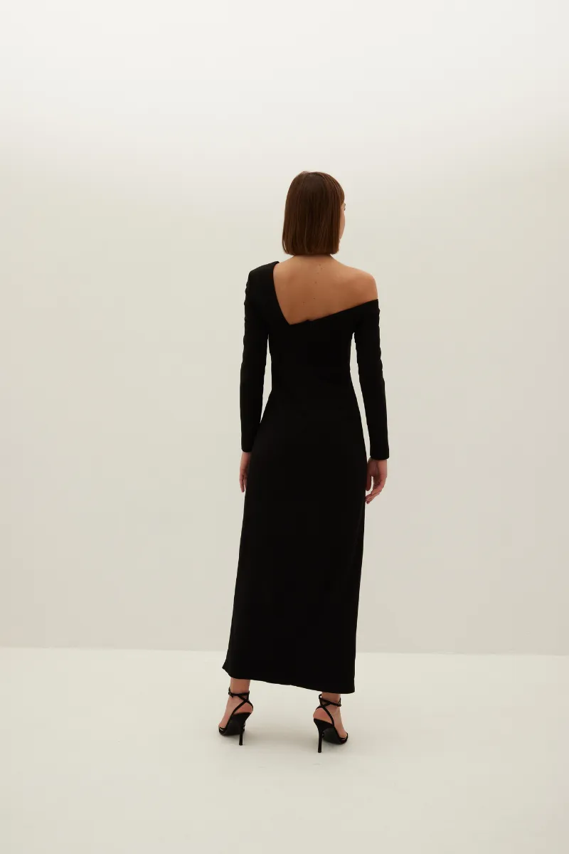 BEAU BLACK ASYMMETRIC CREPE MAXI DRESS WITH BOWS