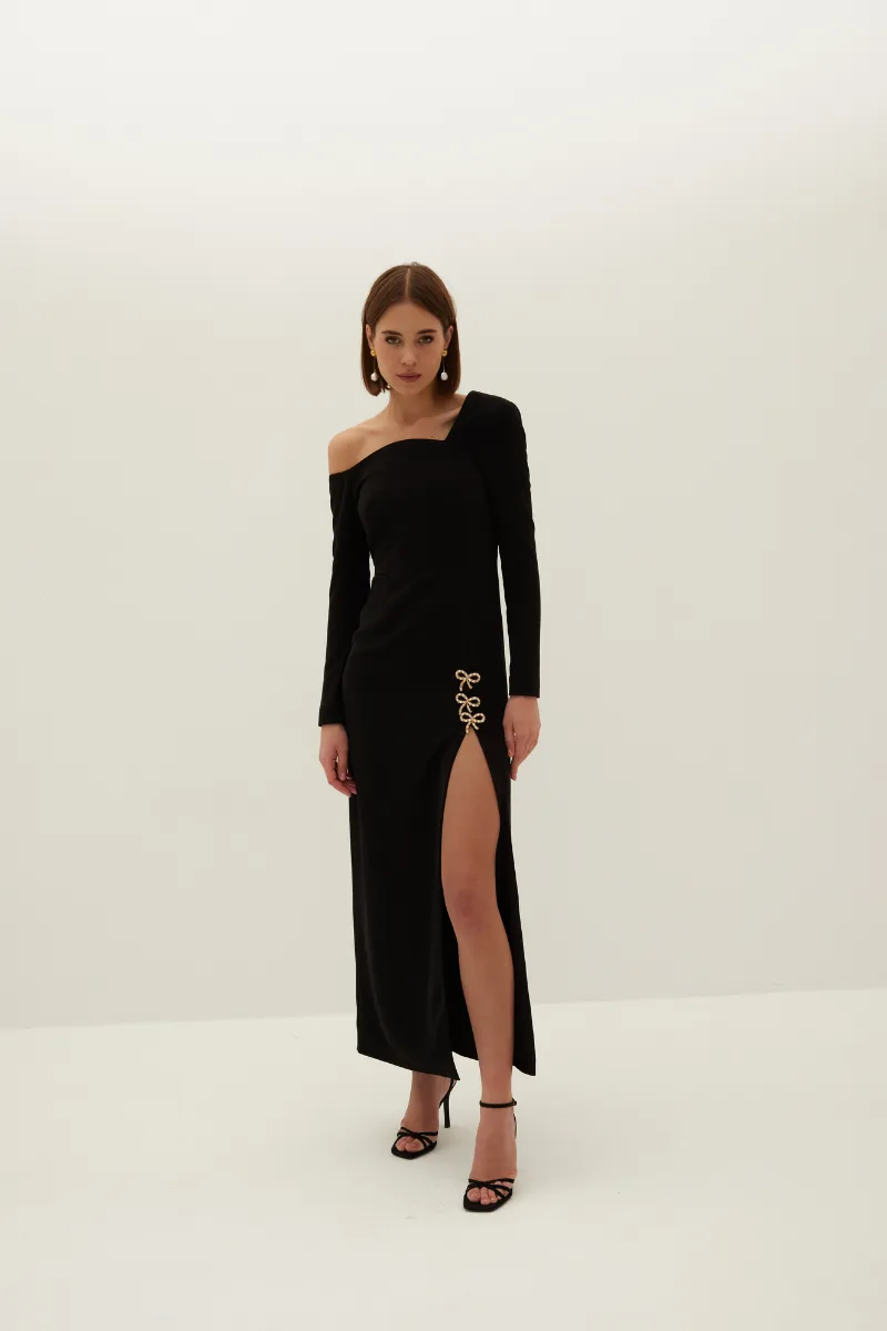 BEAU BLACK ASYMMETRIC CREPE MAXI DRESS WITH BOWS