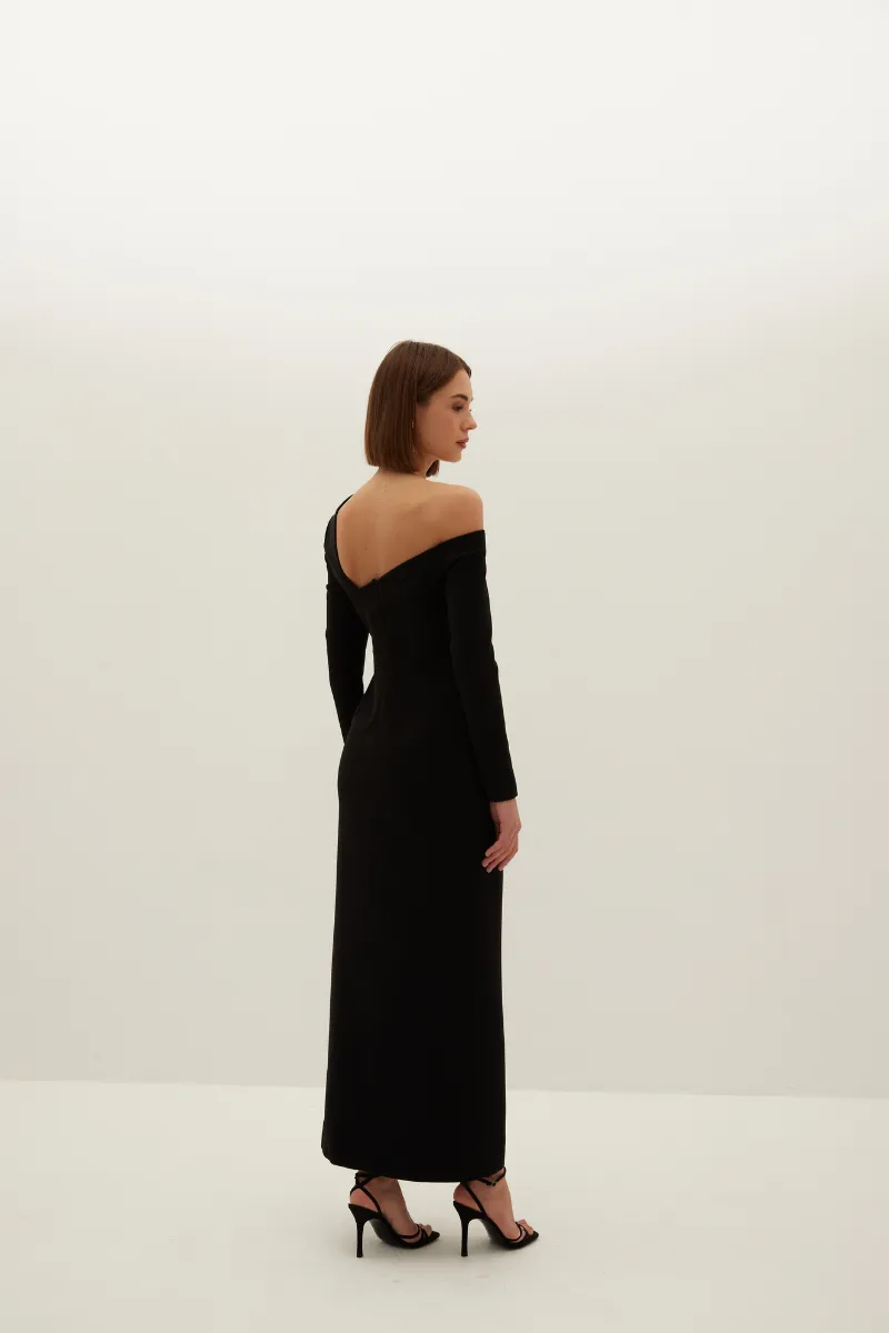 BEAU BLACK ASYMMETRIC CREPE MAXI DRESS WITH BOWS