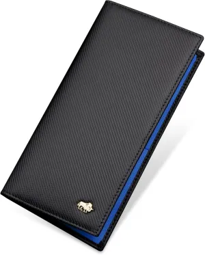 BISON DENIM RFID Bifold Wallets Slim Credit Card Wallet Real Leather Mens Long Wallet with Zipper Coin Pocket (W4470-Blue)