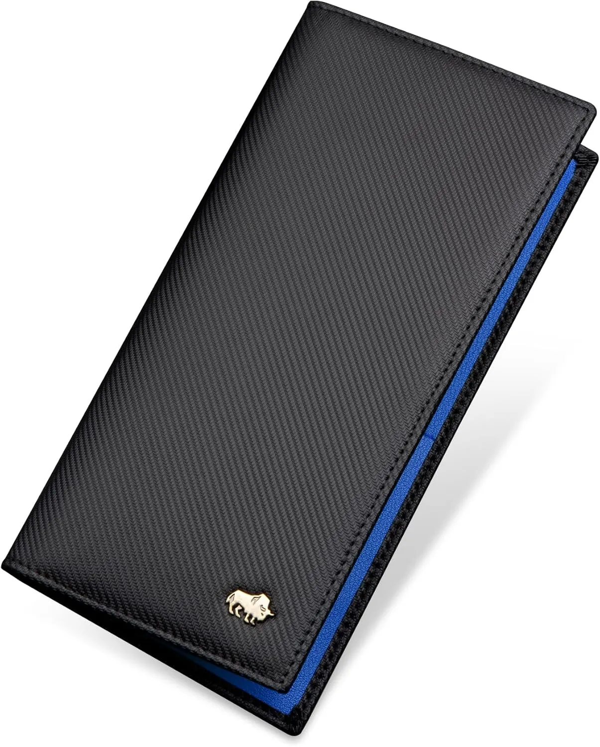 BISON DENIM RFID Bifold Wallets Slim Credit Card Wallet Real Leather Mens Long Wallet with Zipper Coin Pocket (W4470-Blue)