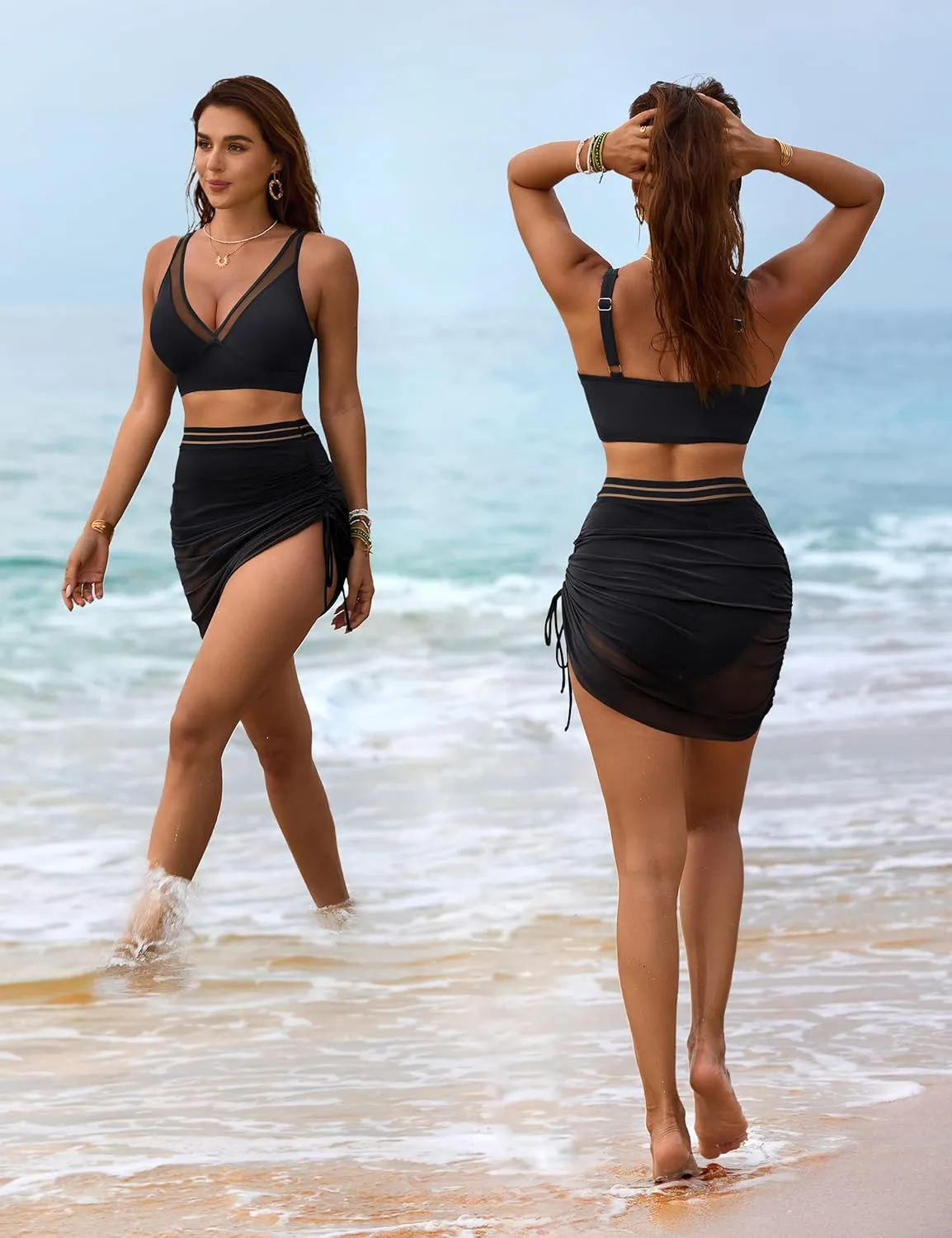 Blooming Jelly Womens Swim Skirt High Waisted Bikini Sets Tummy Control Swimsuits Mesh Sarong Wraps Bathing Suits