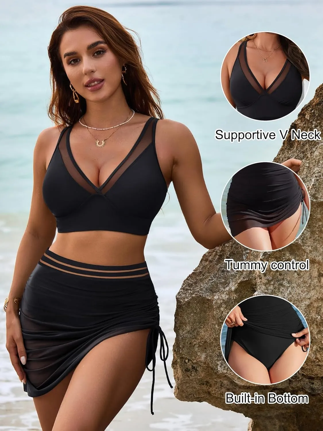 Blooming Jelly Womens Swim Skirt High Waisted Bikini Sets Tummy Control Swimsuits Mesh Sarong Wraps Bathing Suits