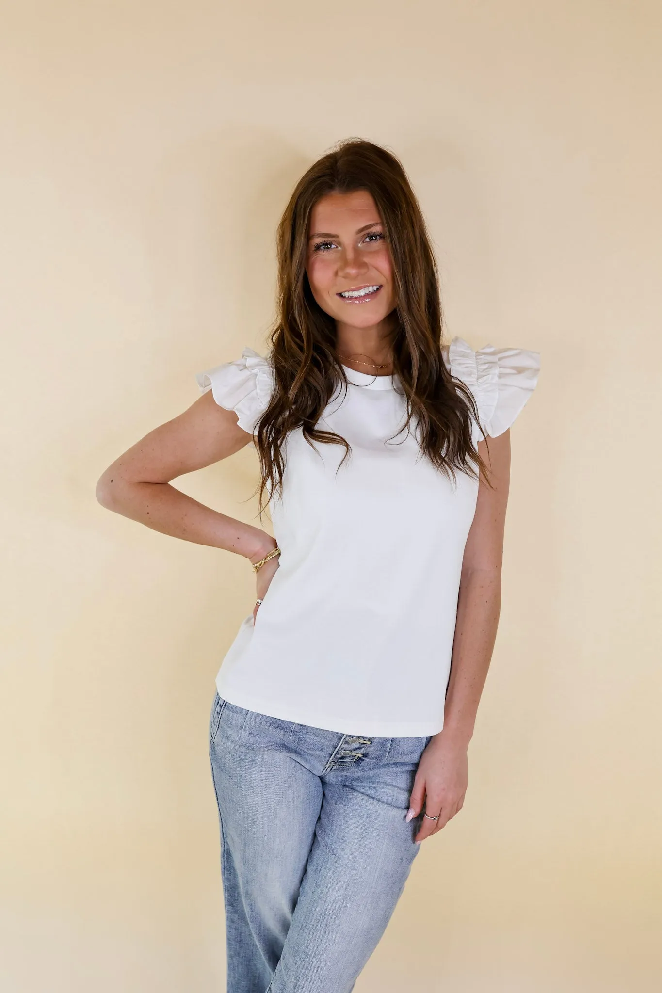Born To Be Stylish Solid Top with Ruffle Cap Sleeves in Ivory