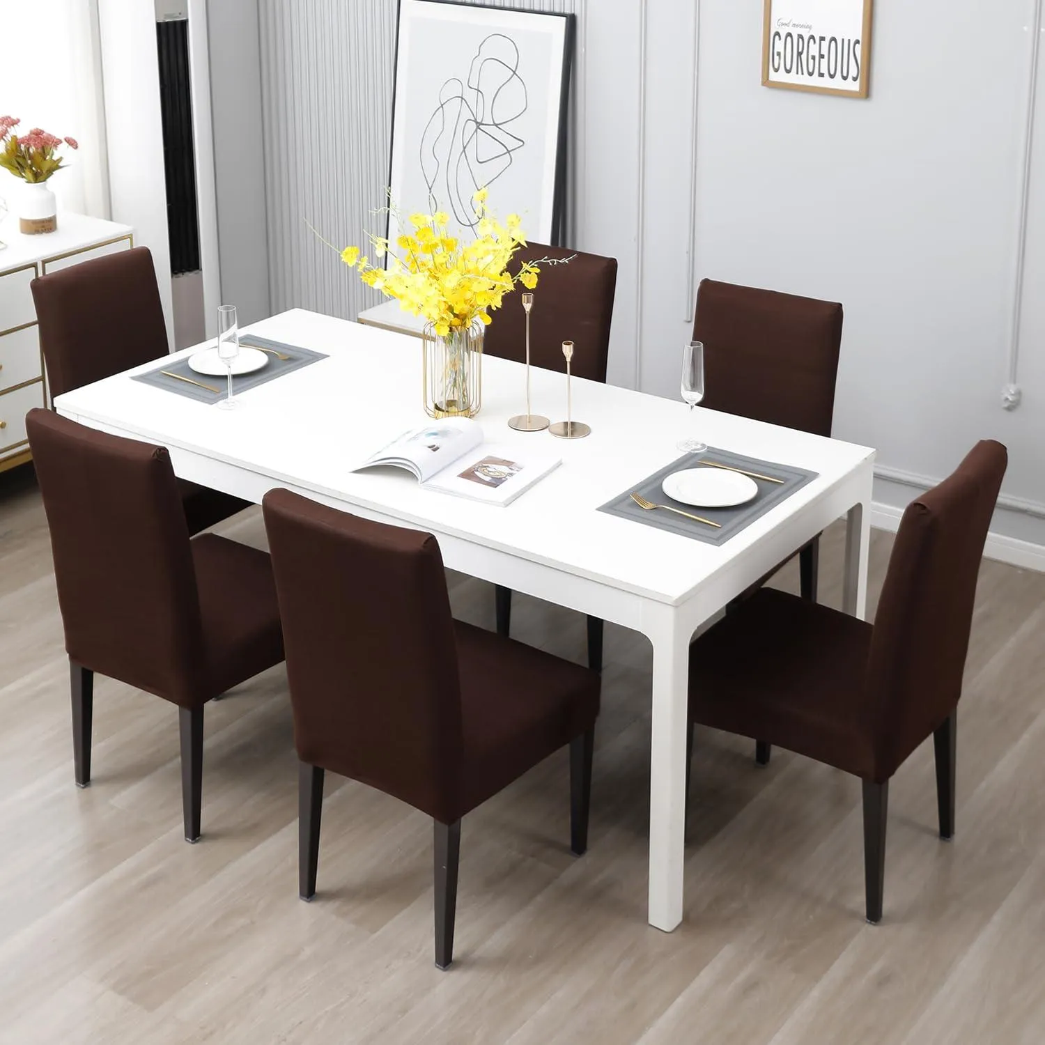 Elastic Stretchable Water Resistant Dining Chair Cover, Brown