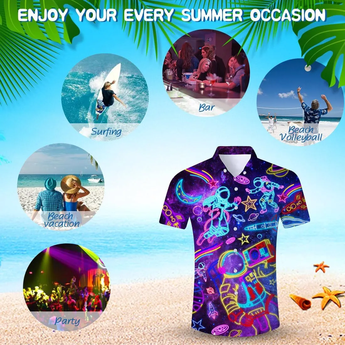 Fanient Mens Hawaiian Shirt Summer 3D Print Casual Short Sleeve Button Down Graphic Aloha Dress Shirts