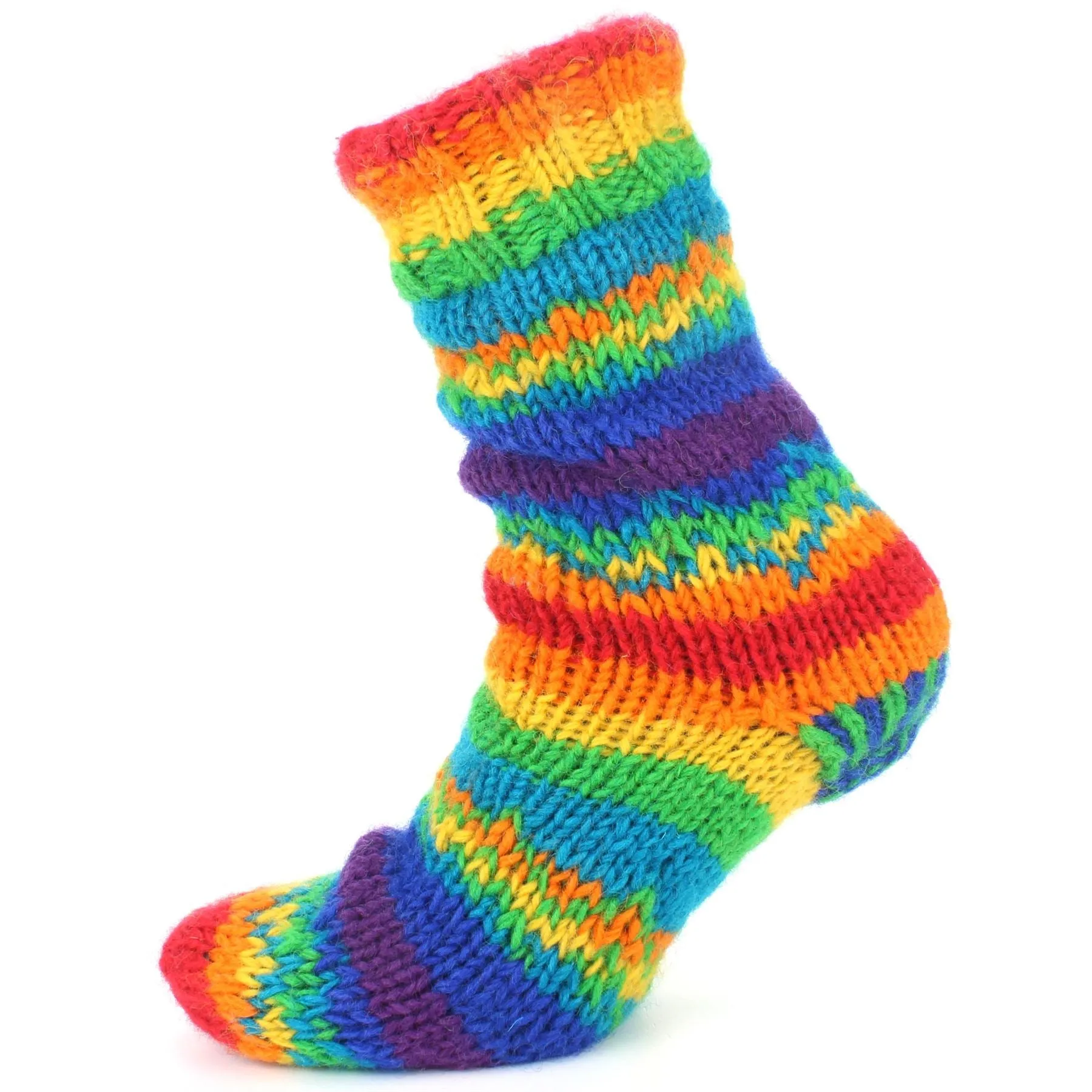 Hand Knitted Wool Slipper Socks Lined - Stripe Rainbow Zig Zag