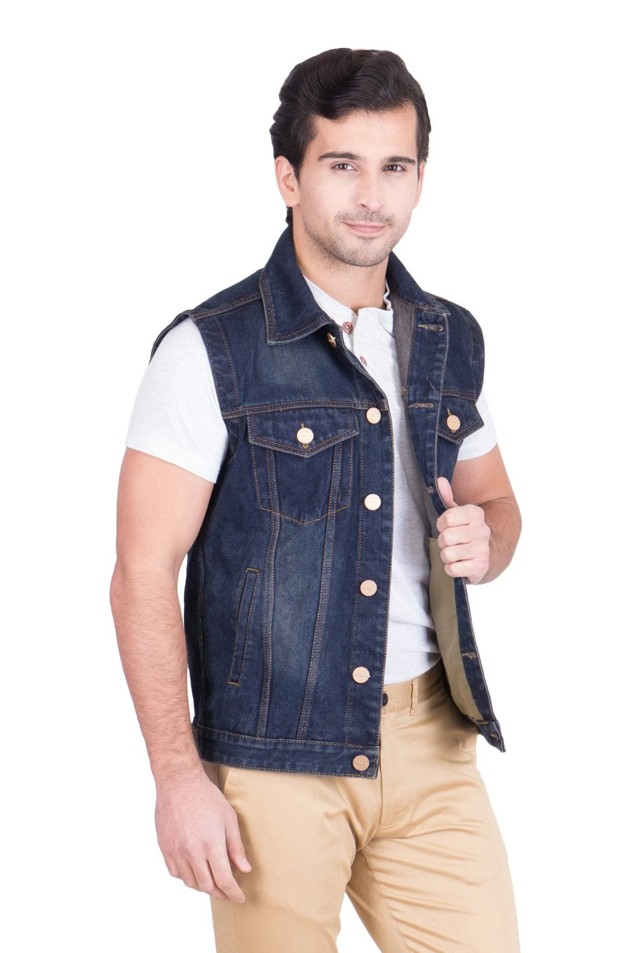 Krossstitch Sleeveless Dark Blue Men's Denim Jacket with Brass Button