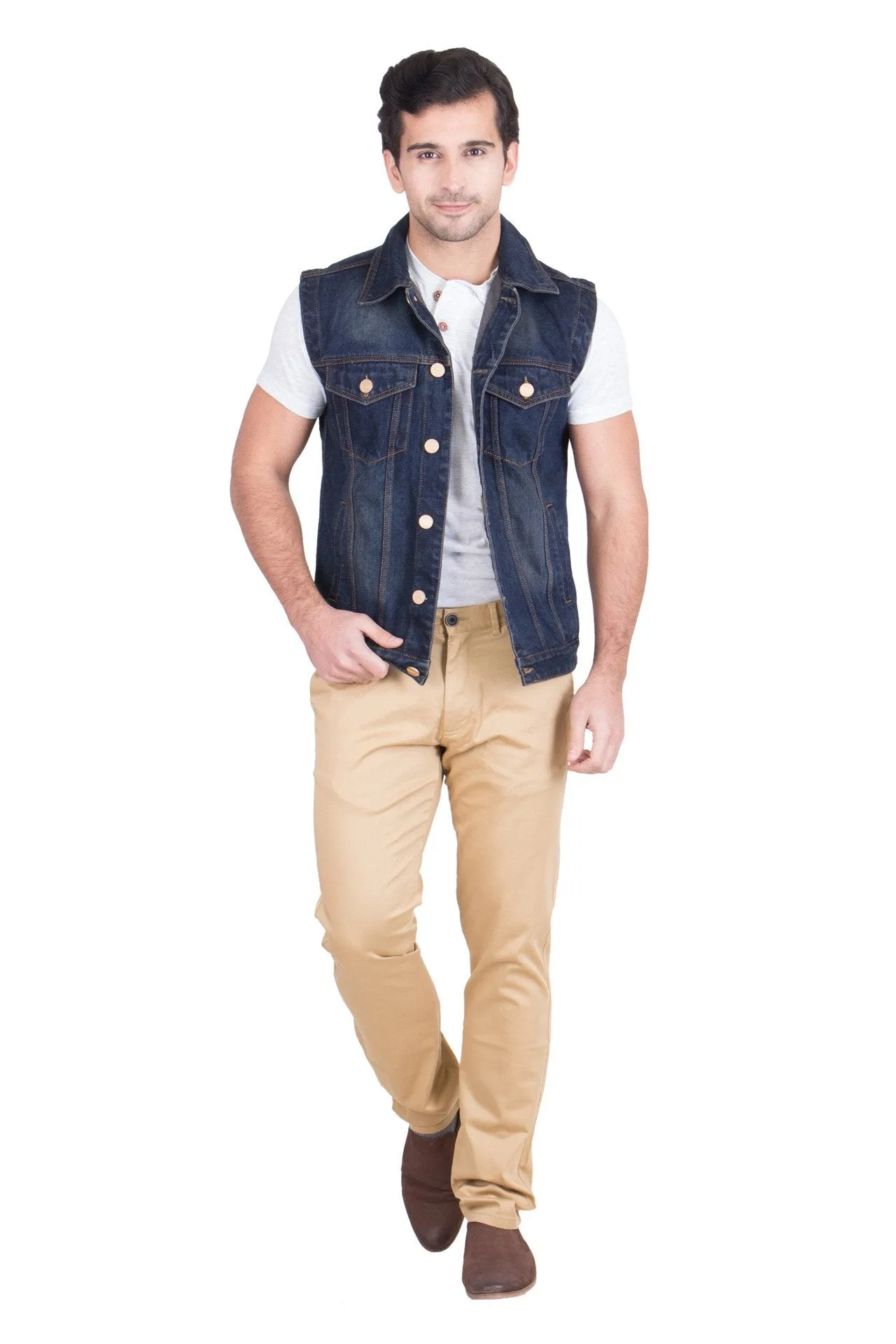 Krossstitch Sleeveless Dark Blue Men's Denim Jacket with Brass Button