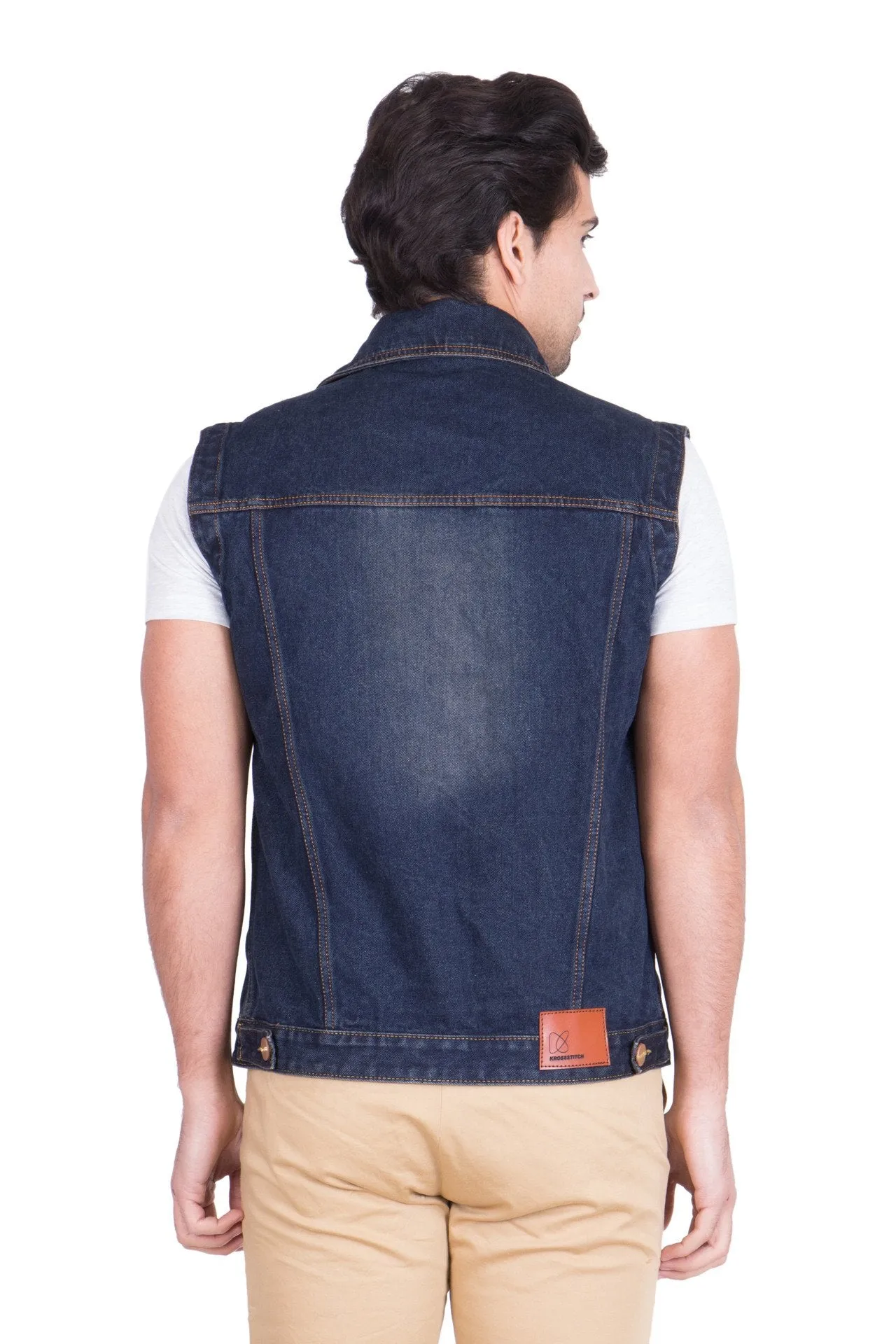 Krossstitch Sleeveless Dark Blue Men's Denim Jacket with Brass Button