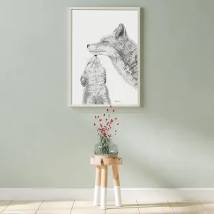 Mama Fox with baby - Black and White