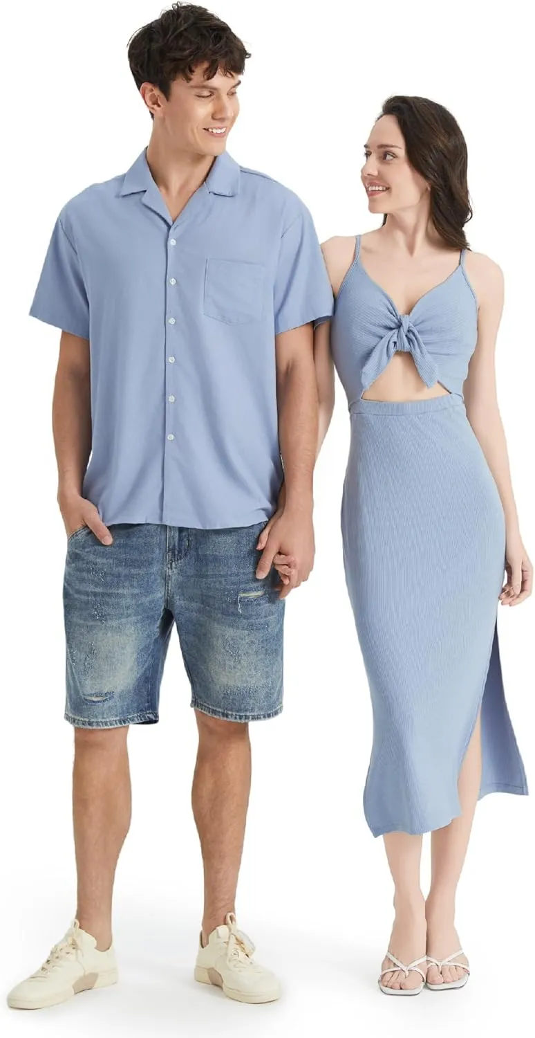 PATPAT Couples Matching Outfits: His and Hers Matching Set Women Knit Bodycon Maxi Dress or Men Chest Pocket Shirt