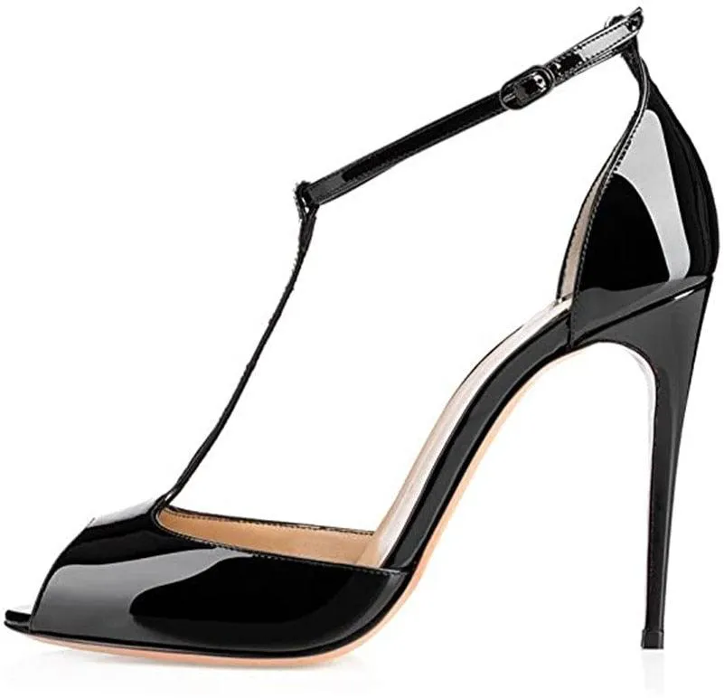Peep Toe T-Strap Patent Leather Sandals