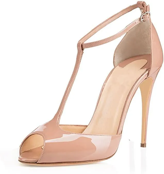 Peep Toe T-Strap Patent Leather Sandals