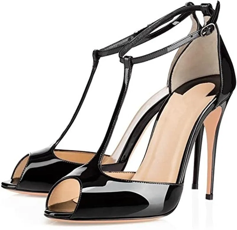 Peep Toe T-Strap Patent Leather Sandals