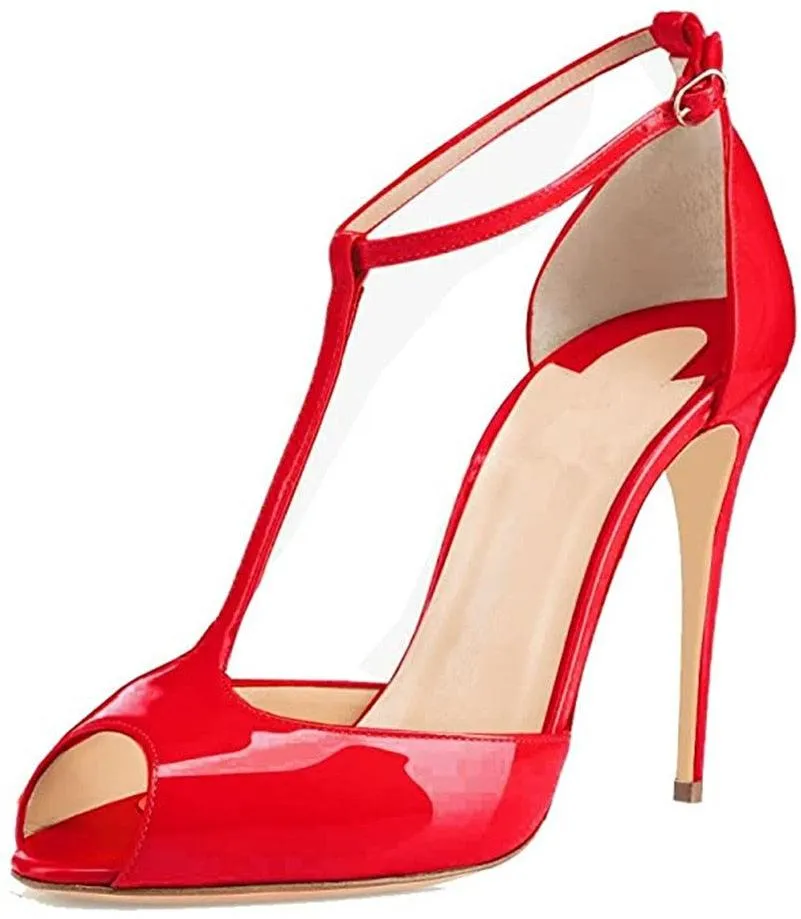 Peep Toe T-Strap Patent Leather Sandals