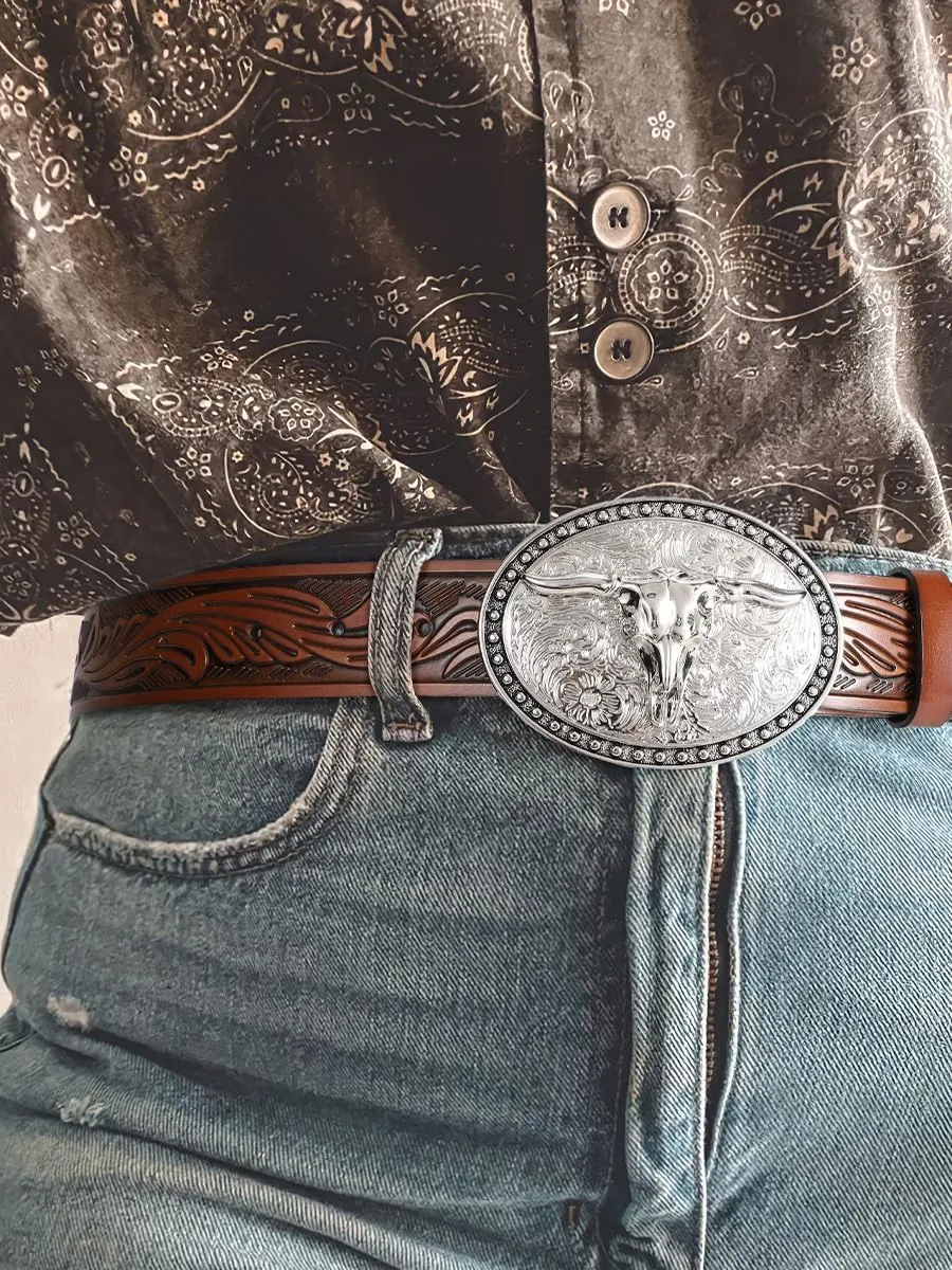SANSTHS Western Belt Cowboy Belts for Men Women, Western Leather Belts Bull Buckle Belt Embossed Leather Belt for Jeans