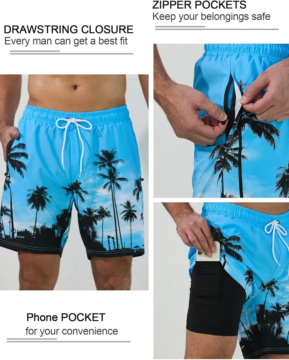 SILKWORLD Mens Swim Trunks Quick Dry Swimming Shorts with Compression Liner and Zipper Pockets