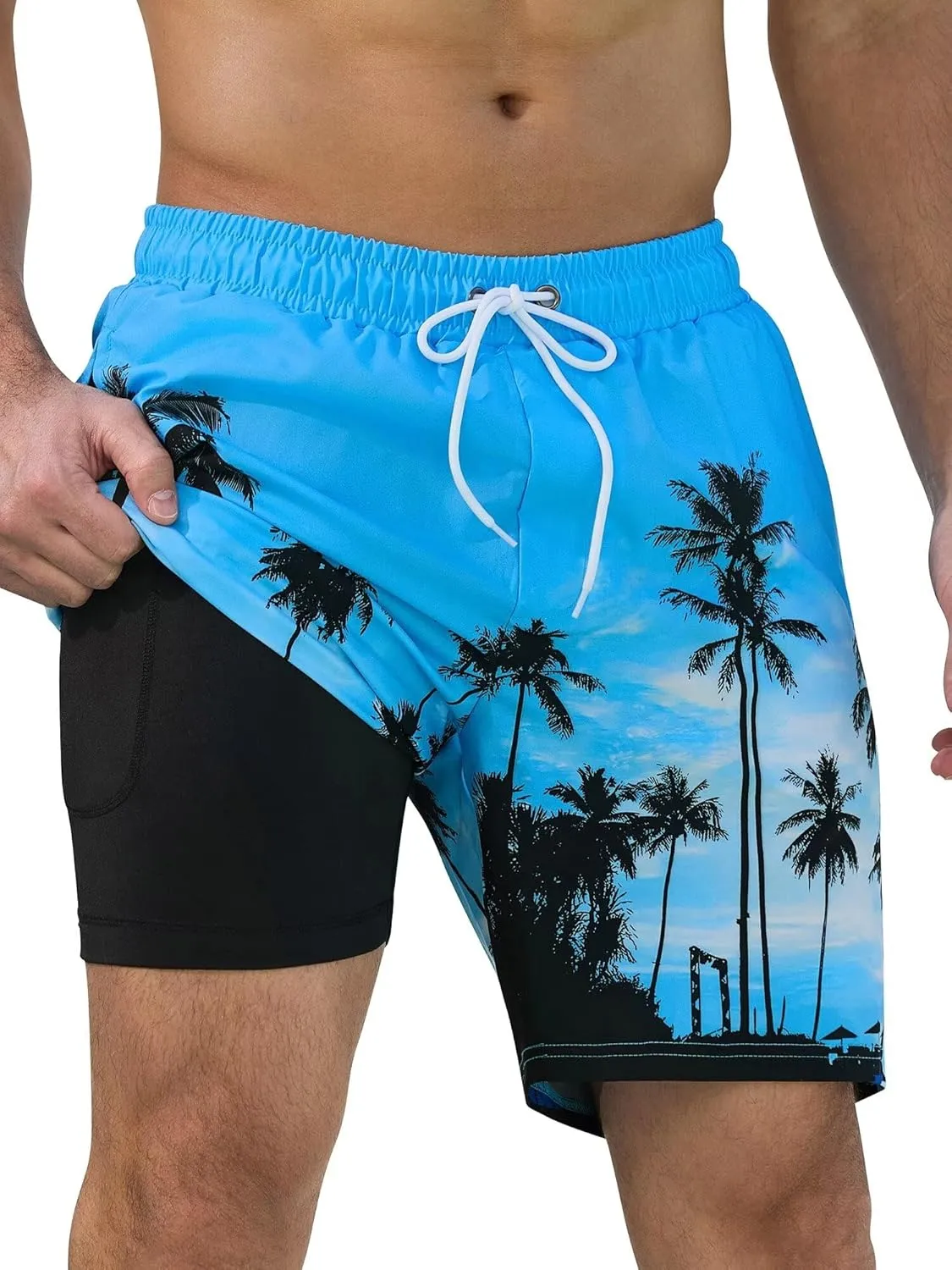 SILKWORLD Mens Swim Trunks Quick Dry Swimming Shorts with Compression Liner and Zipper Pockets