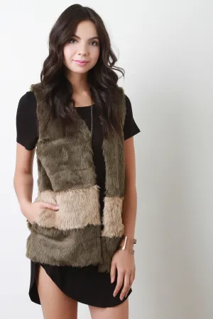 Two Tone Open Front Sleeveless Faux Fur Vest