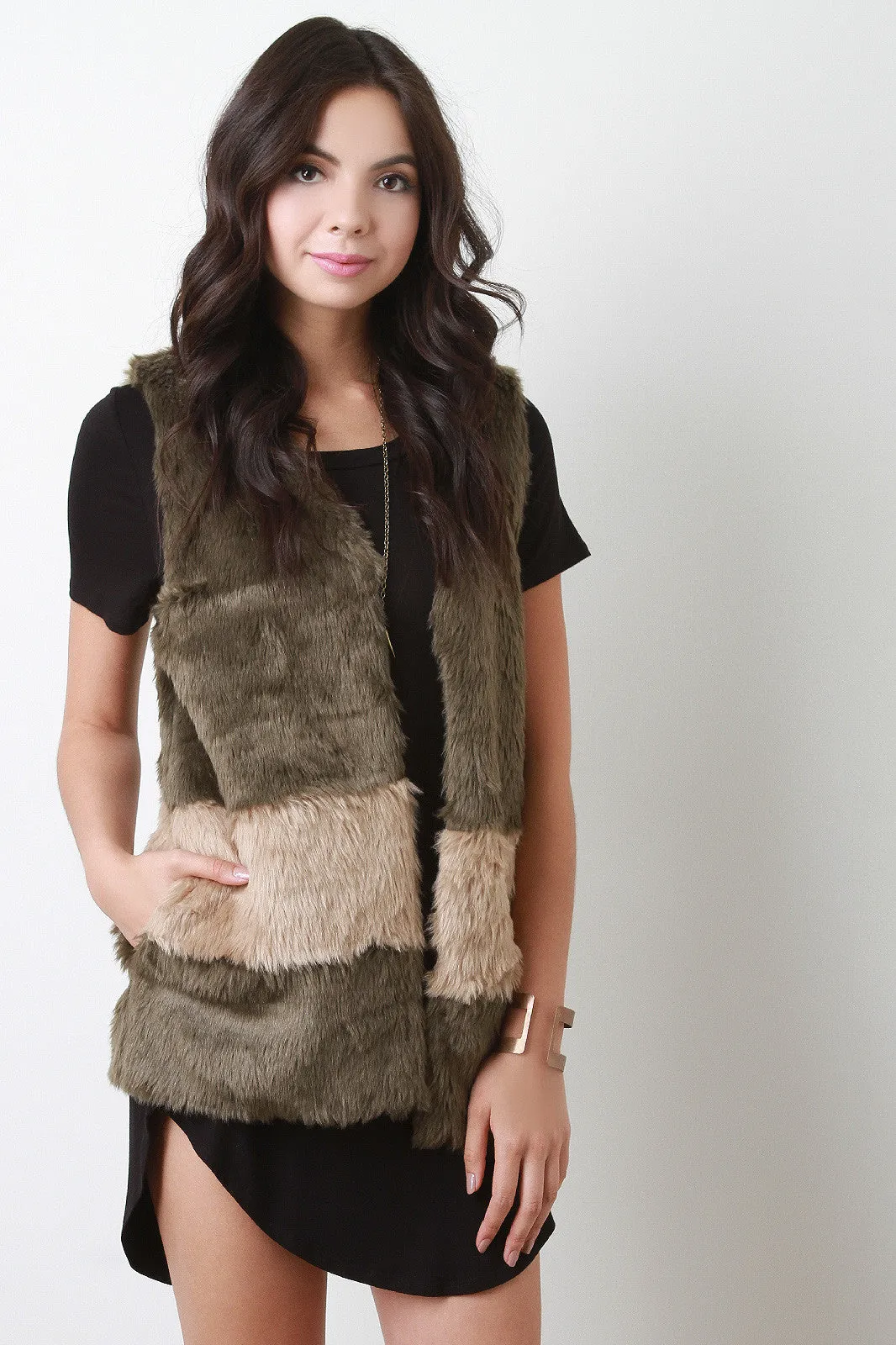 Two Tone Open Front Sleeveless Faux Fur Vest